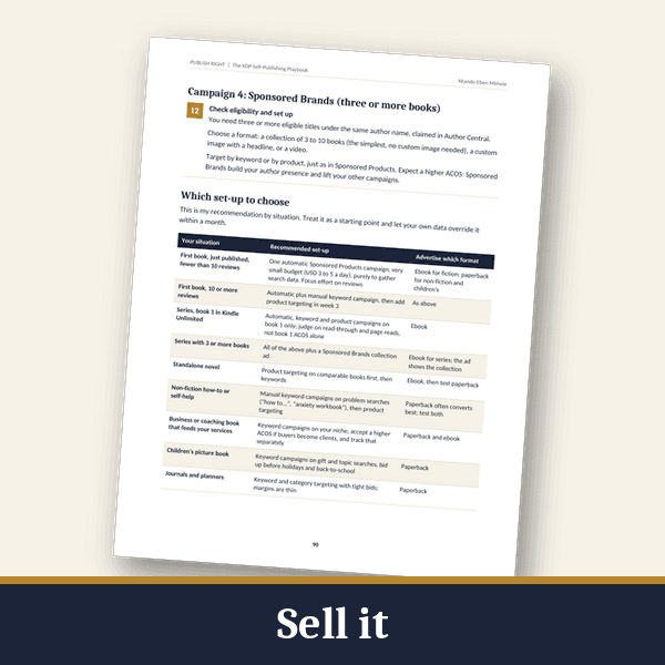 Amazon Ads set-up table by book type